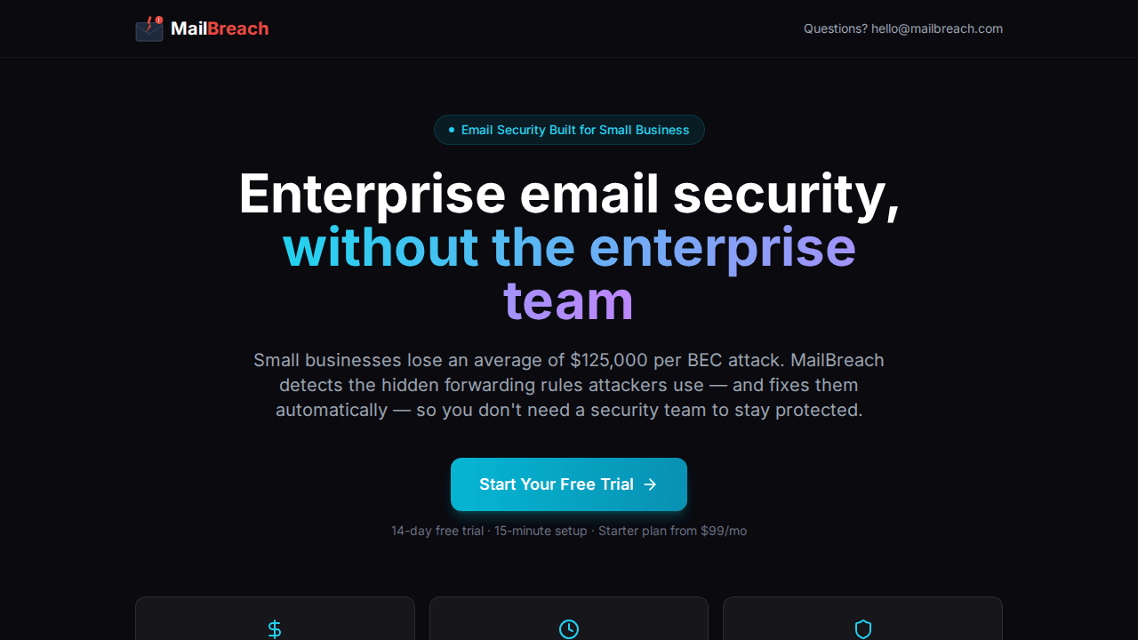 Small Business Landing Page — Enterprise email security without the enterprise team